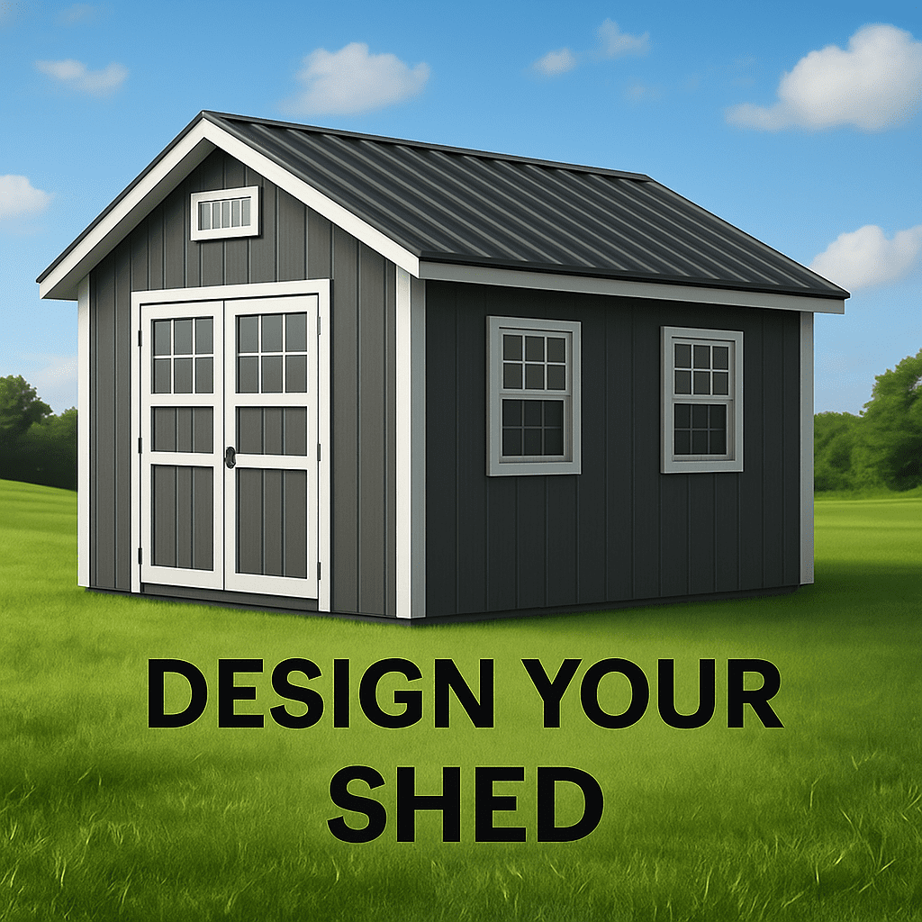 Gray shed on green grass, blue sky.